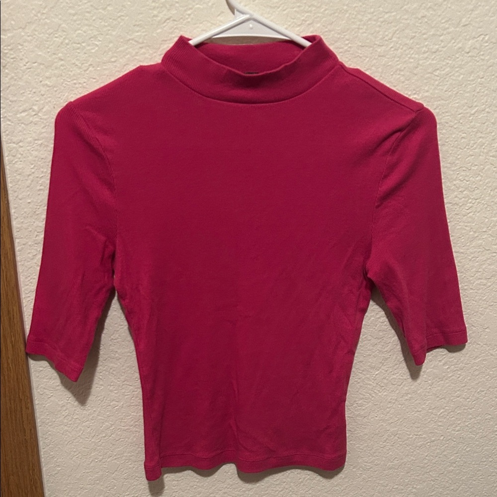 Express Vibrant Hot Pink Mock Neck Quarter Sleeve Fitted Top